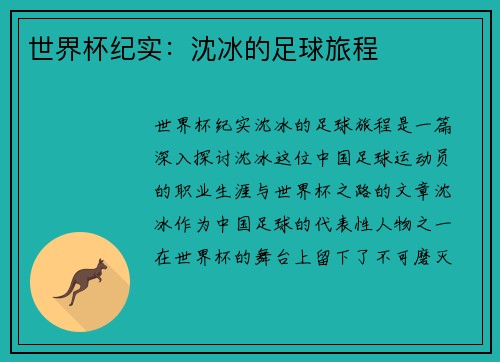 世界杯纪实：沈冰的足球旅程